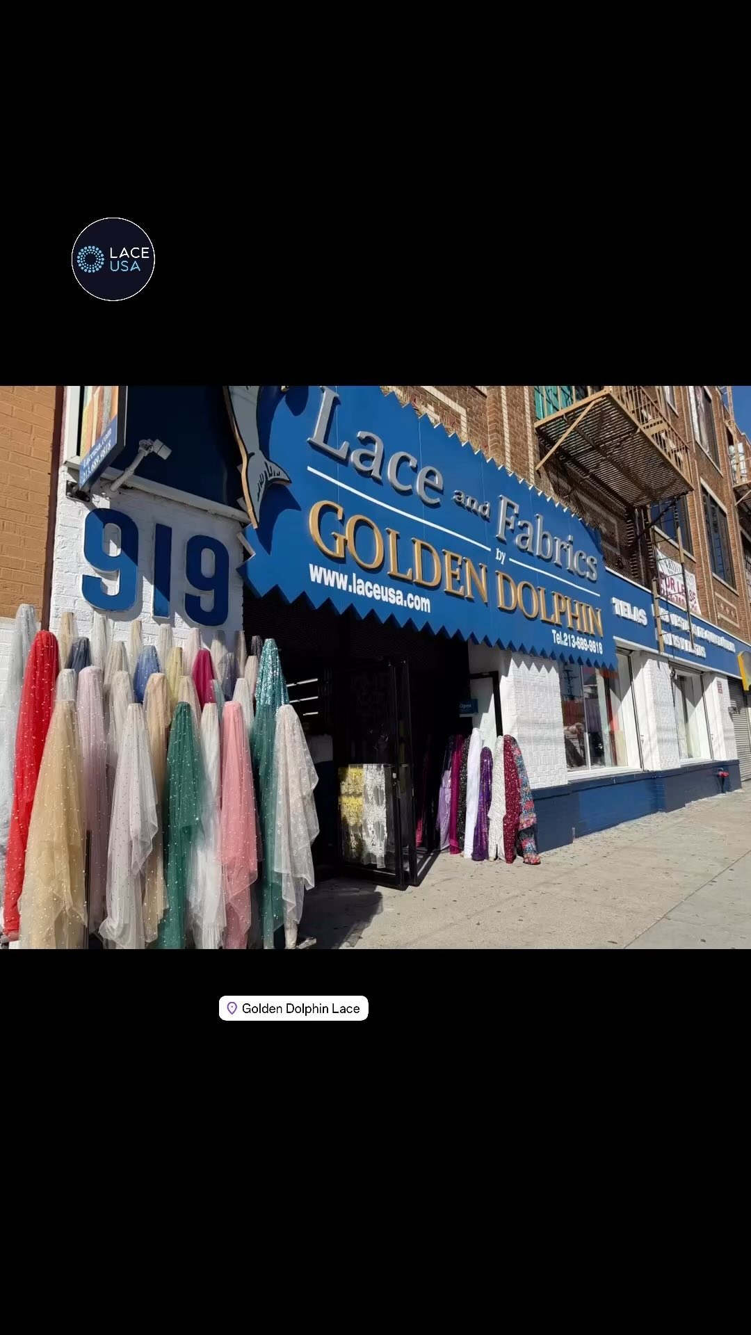 Instagram post with the caption: Golden Dolphin Showroom #bridalwear #sweetsixteen #quinceañe...